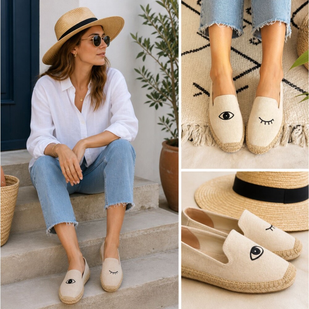 Soludos Eye Wink Espadrilles Flat 7.5 Art Resort Canvas Slip On Smoking Slipper